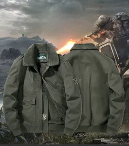 Front and back view of army green winter jacket with plush fur collar and tactical details
