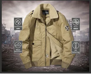 Detail of khaki military cargo jacket with thick faux fur collar and warm fleece lining