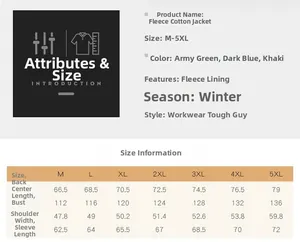 Size chart for winter fleece work jacket detailing measurements for sizes M to 5XL