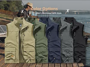 Detailed view of casual outdoor vests in five colors with functional multi-pocket design