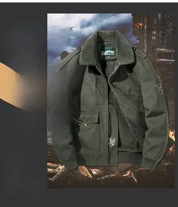 Detail of army green cargo jacket featuring warm gray faux lamb wool lining and JP logo