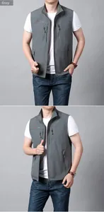 Detailed front and side views of a men's grey quick-dry vest with vertical zip pockets