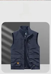 Navy blue casual outdoor vest detail featuring functional multi-pockets and mesh lining