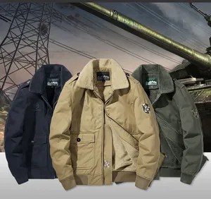 Close-up of three men's winter bomber jackets with thick fleece lining and cargo pockets