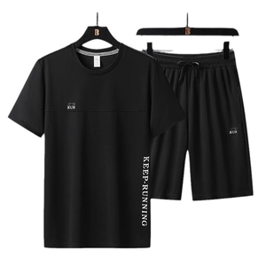 Men's black ice silk quick-dry sports set with T-shirt and drawstring shorts