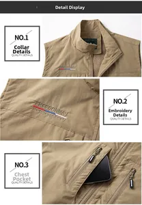 Detail view of khaki outdoor vest featuring logo embroidery and mesh lining