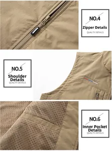 Detail of khaki outdoor vest showing metal zipper, chest embroidery and mesh lining