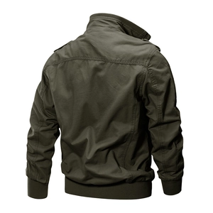 Men's military style tactical canvas jacket in olive green with epaulettes, back view