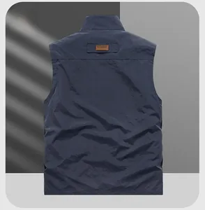 Rear view of dark blue casual men's vest featuring a classic brand label on the back