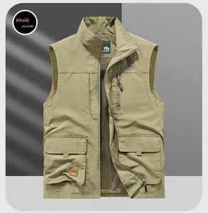 Detail view of khaki tactical vest featuring breathable mesh lining and cargo pockets