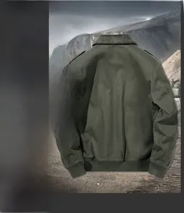 Detail of warm lamb wool collar and durable green fabric on outdoor pilot jacket