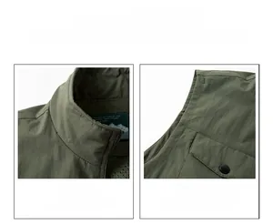 Detailansicht der olivgrünen Angelweste mit Netzfutter und Taschen mit Druckknöpfen