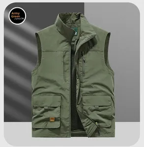 Detail view of military green vest with functional multi-pockets and breathable mesh lining
