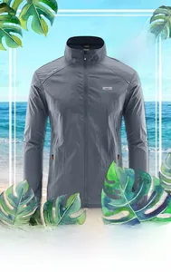 Detail of grey men's ultra-thin outdoor sun protection jacket with breathable waterproof fabric