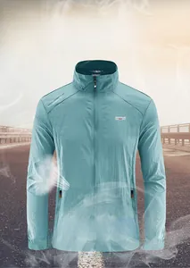 Detail of teal breathable outdoor sun protection jacket with moisture-wicking fabric for men