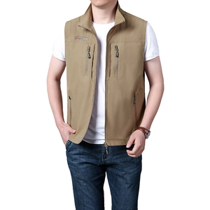 Men Outdoor Multi-Pocket Utility Vest With Stand Collar Quick Dry Polyester Nylon Sleeveless Jacket For Fishing Photography Casual Sports