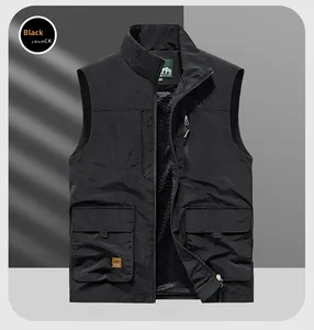 Detail of black utility vest featuring multi-pockets and breathable mesh lining