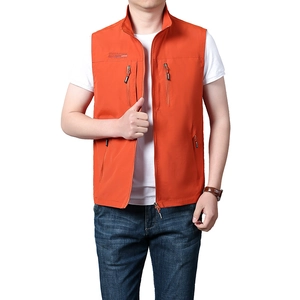 Men's quick-dry orange outdoor vest with standing collar and multiple zipper pockets