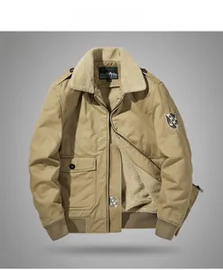 Detail view of khaki work jacket featuring thick fleece collar and tactical chest embroidery