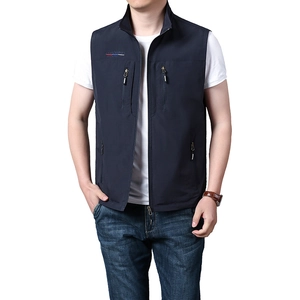 Men's quick-dry outdoor sport vest in navy blue with stand collar and zipper pockets