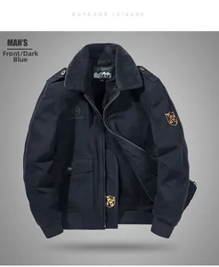 Detail of blue men jacket showing thick faux shearling collar and warm fleece lining