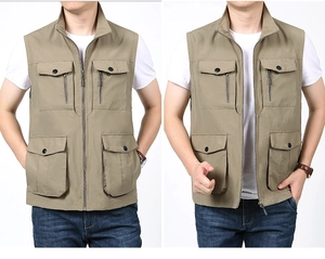 Detaillierte Nahaufnahme des Multi-Pocket-Designs und Reißverschlusses der Khaki Weste