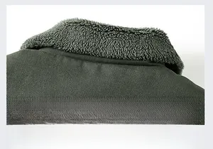 Detail of winter jacket collar featuring warm grey lamb fleece lining and olive canvas