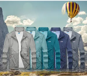 Detail showing five colors of breathable, ultra-thin men's outdoor sun protection jackets