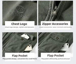 Detail view of army green winter jacket with JP FASHION embroidery and metal zipper