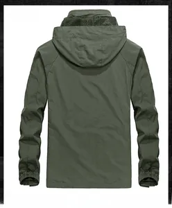 Detail view of military green waterproof outdoor jacket back with mesh lining hood
