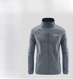 Detail of deep gray men's outdoor sun protection jacket with breathable waterproof fabric
