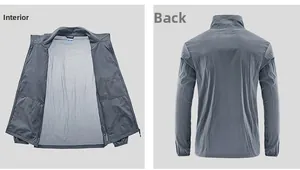 Detailed views of lightweight blue summer jacket featuring inner mesh and minimalist back design