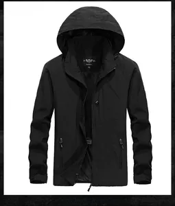 Front view of black hooded jacket featuring zip pockets and adjustable velcro cuffs