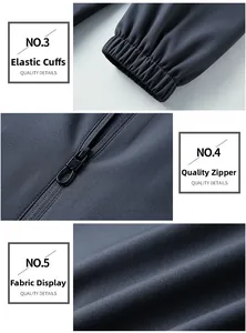 Gros plan sur les poignets élastiques, le zip de qualité et le tissu lisse de la veste