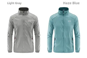 Detail of light gray and blue men's breathable UV protection jackets with outdoor logo
