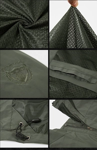 Detail of outdoor jacket with mesh lining, outdoor embroidery, and drawstring adjustment