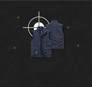 Detailed front and back views of a navy blue multi-pocket utility vest with breathable mesh