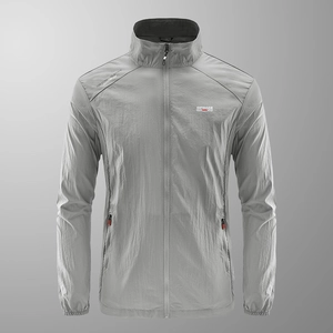 Men's ultra-thin light grey sun protection jacket with standing collar and outdoor prints