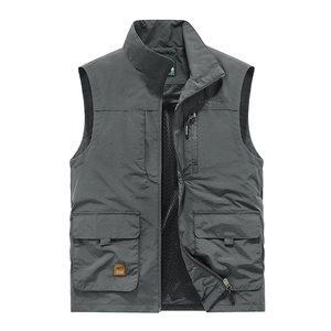 Men's Multi-Pocket Utility Vest Outdoor Fishing Photography Lightweight Mesh Lining Stand Collar Zipper Casual Waistcoat
