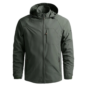 Men's Outdoor Hooded Utility Jacket Waterproof Nylon Windbreaker Coat Multi-Pocket Casual Workwear Fashion Stand Collar Outerwear