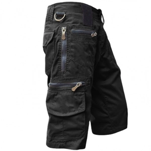 Men's loose tactical cargo shorts in black cotton with multi-pocket design and D-ring