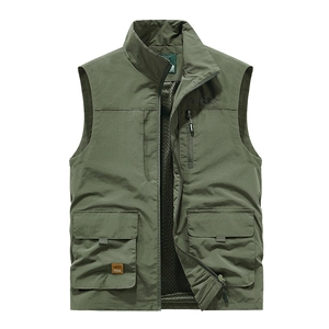 Men's casual loose multi-pocket vest in army green with breathable mesh lining