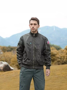 Army green MA-1 bomber flight jacket with stand collar and tactical utility sleeve patches