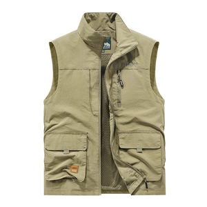Men's outdoor utility vest in khaki green with multiple pockets and breathable mesh lining