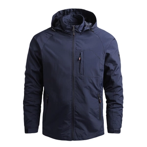 Men's navy blue hooded windbreaker jacket with zipper pockets and adjustable cuffs