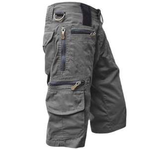 Men's loose multi-pocket dark grey cotton cargo shorts with tactical zippers and D-ring