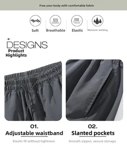 Macro detail of breathable ice silk pants with adjustable drawstring and zipper pockets