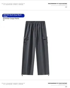 Rear view of dark grey summer paratrooper pants with elastic waist and drawstring hem