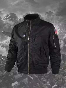 Men's black MA-1 flight jacket with tactical multi-pockets and padded diamond lining