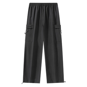 Men's black ice silk cargo pants with elastic drawstring waist and side pockets